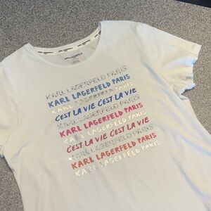 Karl Lagerfeld White Tee with Blue, Pink & Silver Logo Rows